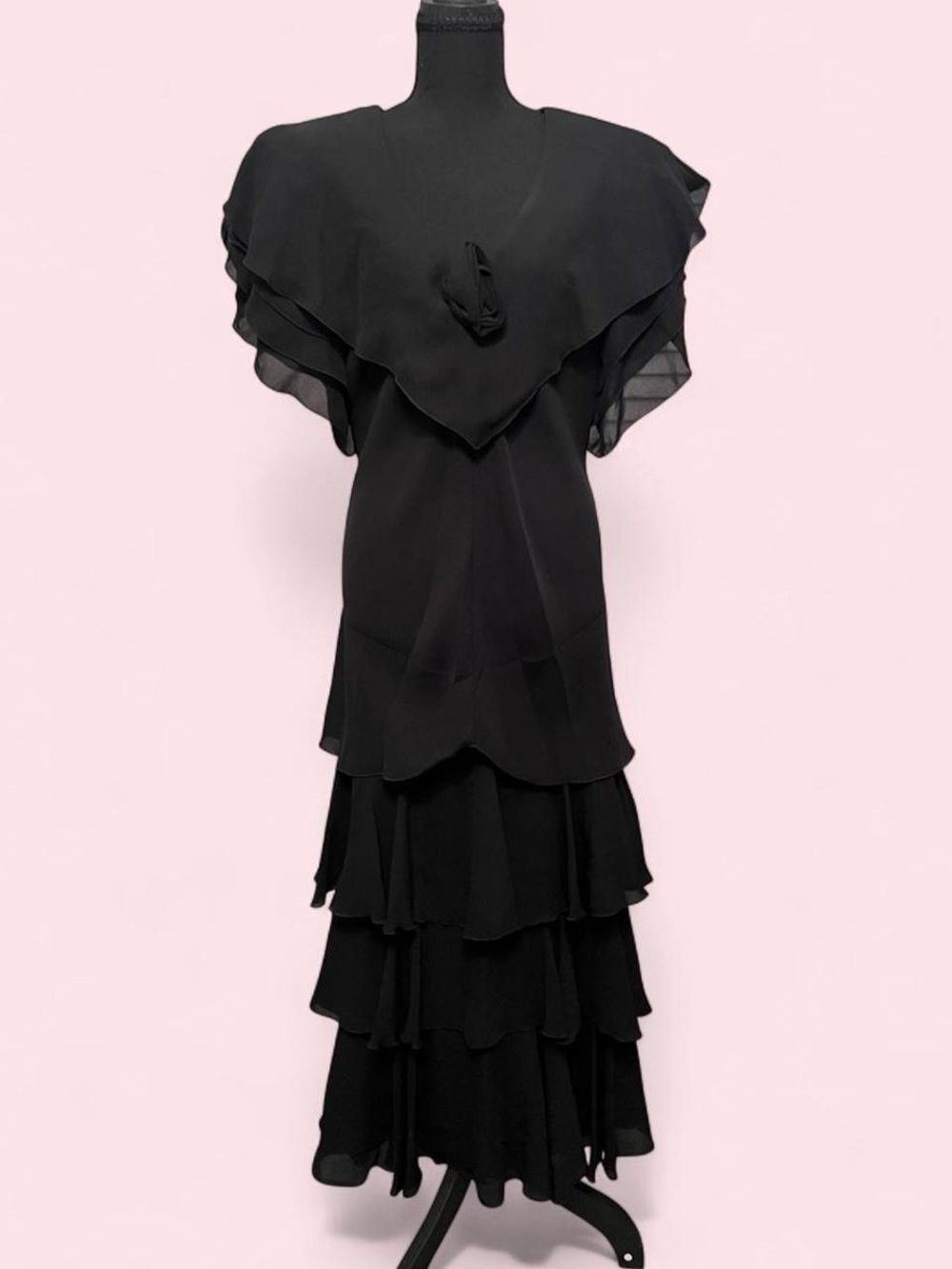 Vintage After Dark Black Layered Flutter Sleeve Dress Formal Special Occasion